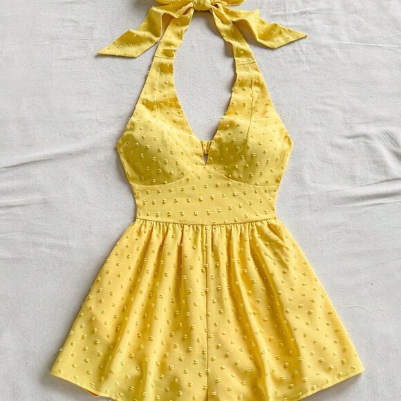 Yellow Boho Women's Textured swiss dot Mini Bodycon romper Beach - Picture 7 of 8
